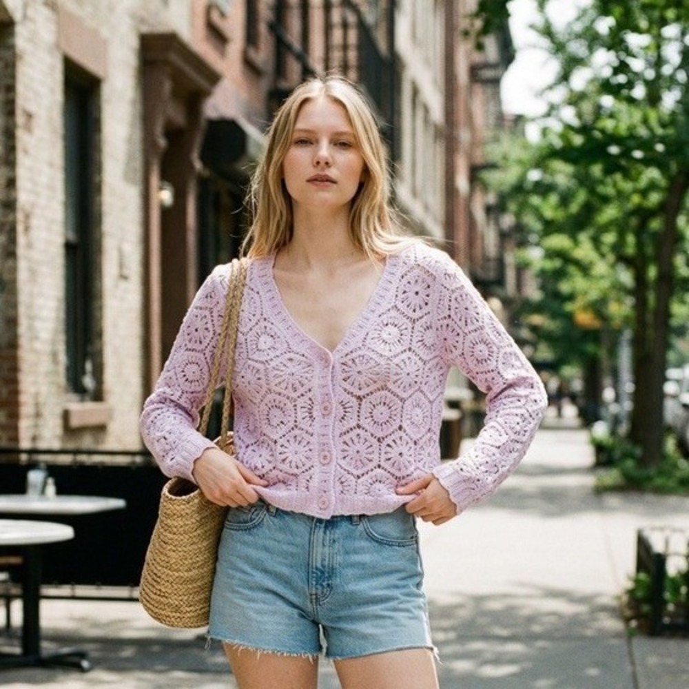 "Ultra Pink" Womens Crochet Cardigan Pink Cotton Open‎ Knit Sweater Size M Beach